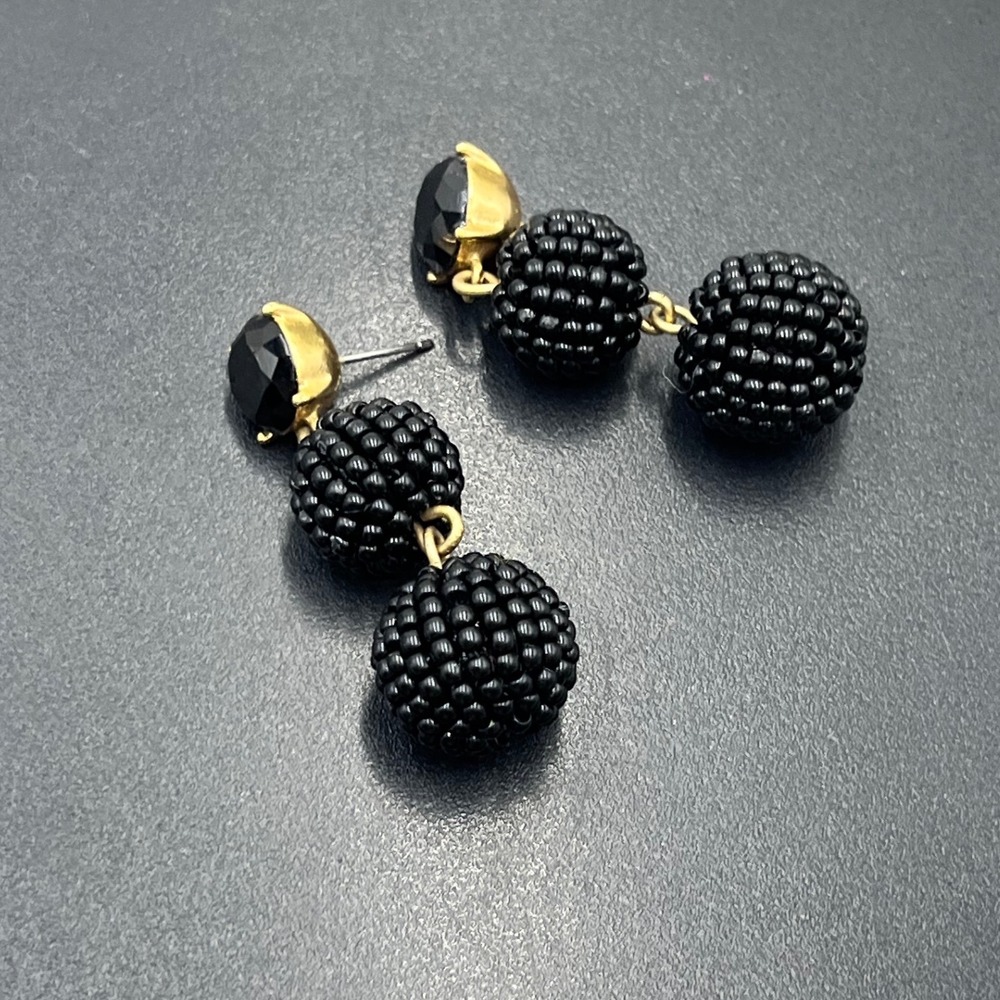 J. Crew Black‎ Beaded Orb Ball Gold Tone Rhinestone Dangle Earrings